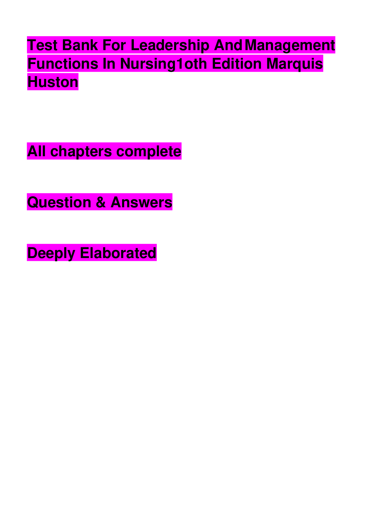 Preview image for Test Bank For Leadership And Management Functions In Nursing 1oth Edition Marquis Huston